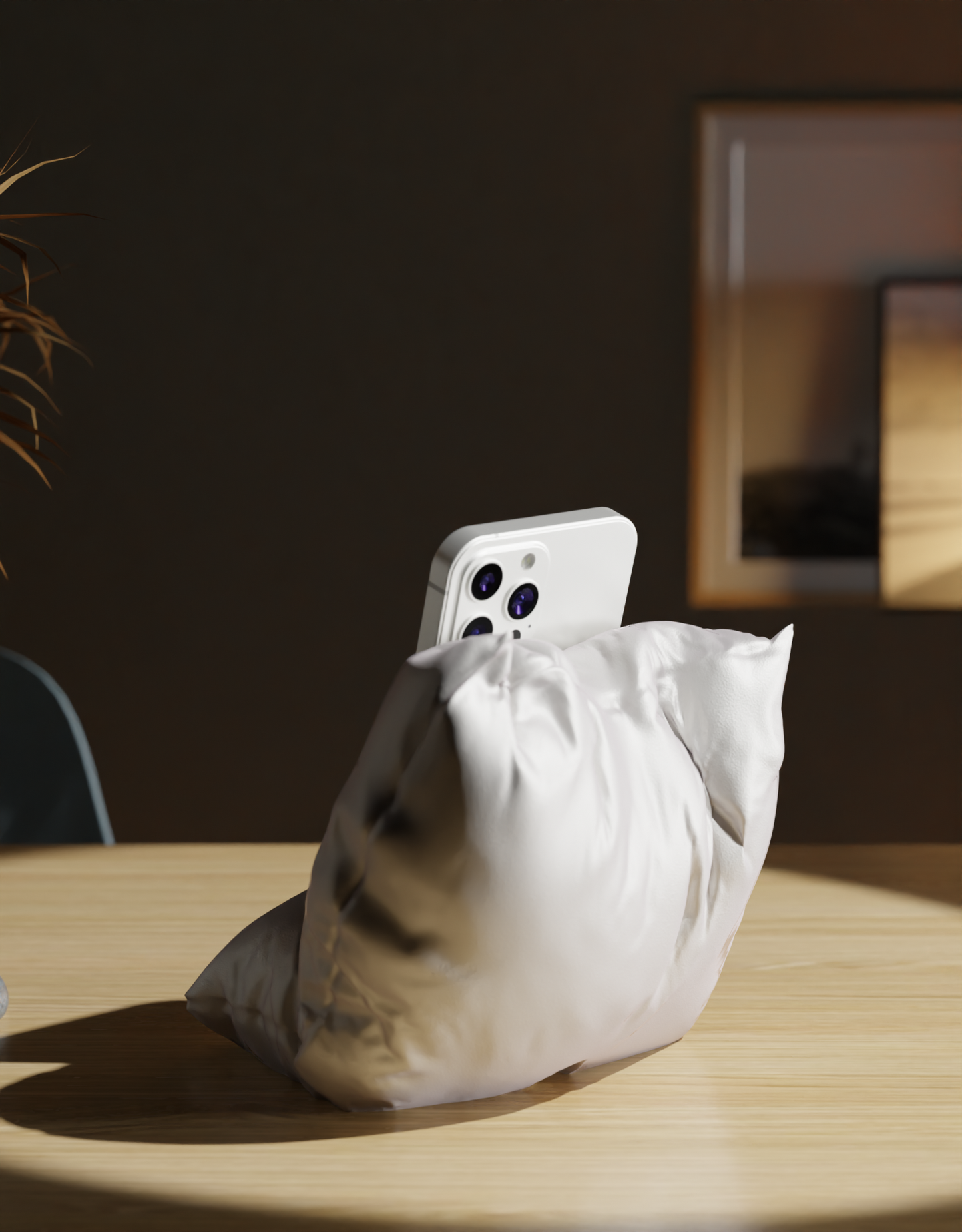 White bag with a smartphone peeking out on a wooden surface, blurred indoor background