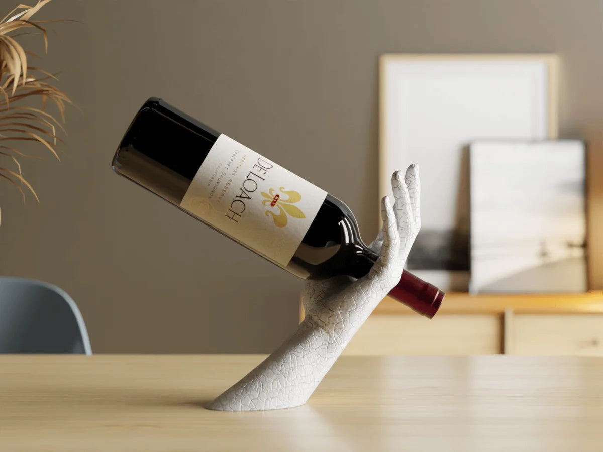 Wine bottle on a unique holder with a blurred indoor background