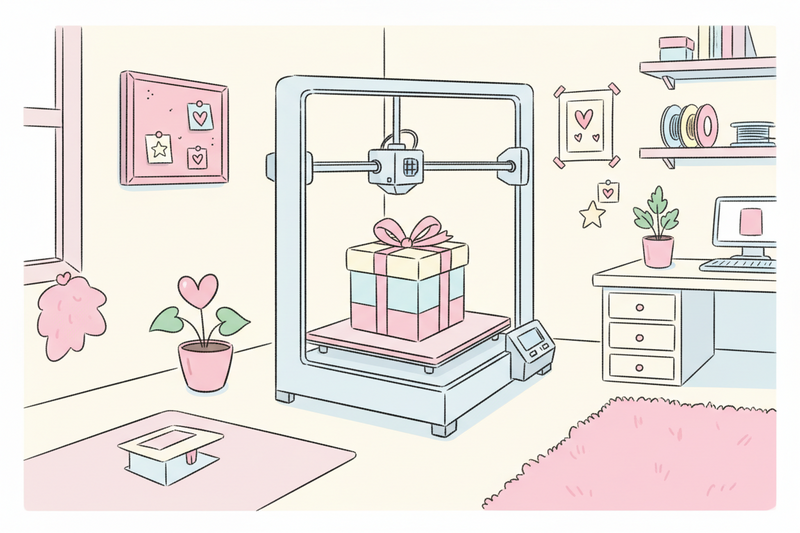 3D printer sketch printing a present in a girly studio