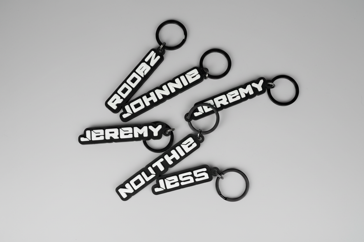 Black keychains with white text on a gray background