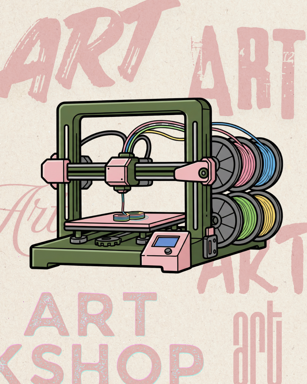 3D printer illustration with colorful filament spools on a 'ART WORKSHOP' themed background.