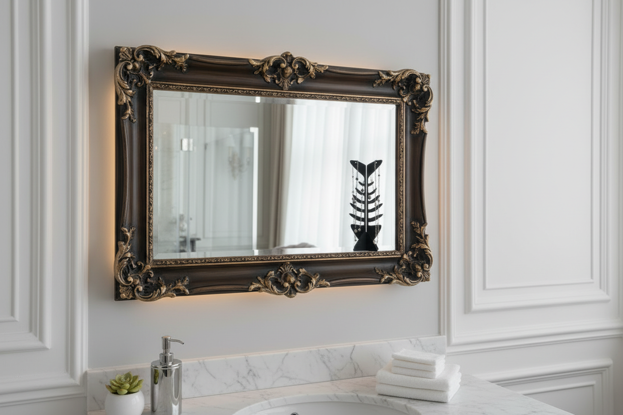 Decorative mirror with ornate frame in a bathroom setting