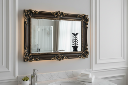 Decorative mirror with ornate frame in a bathroom setting