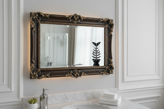 Decorative mirror with ornate frame in a bathroom setting
