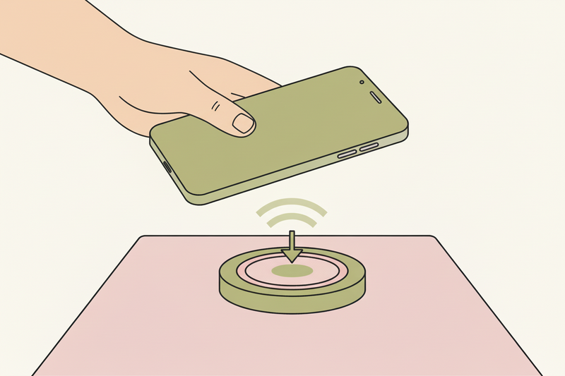 Illustration of a hand placing a smartphone on a wireless charging pad.