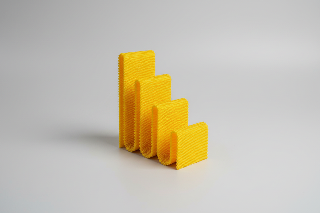 Yellow 3D-printed staircase model on a gray background