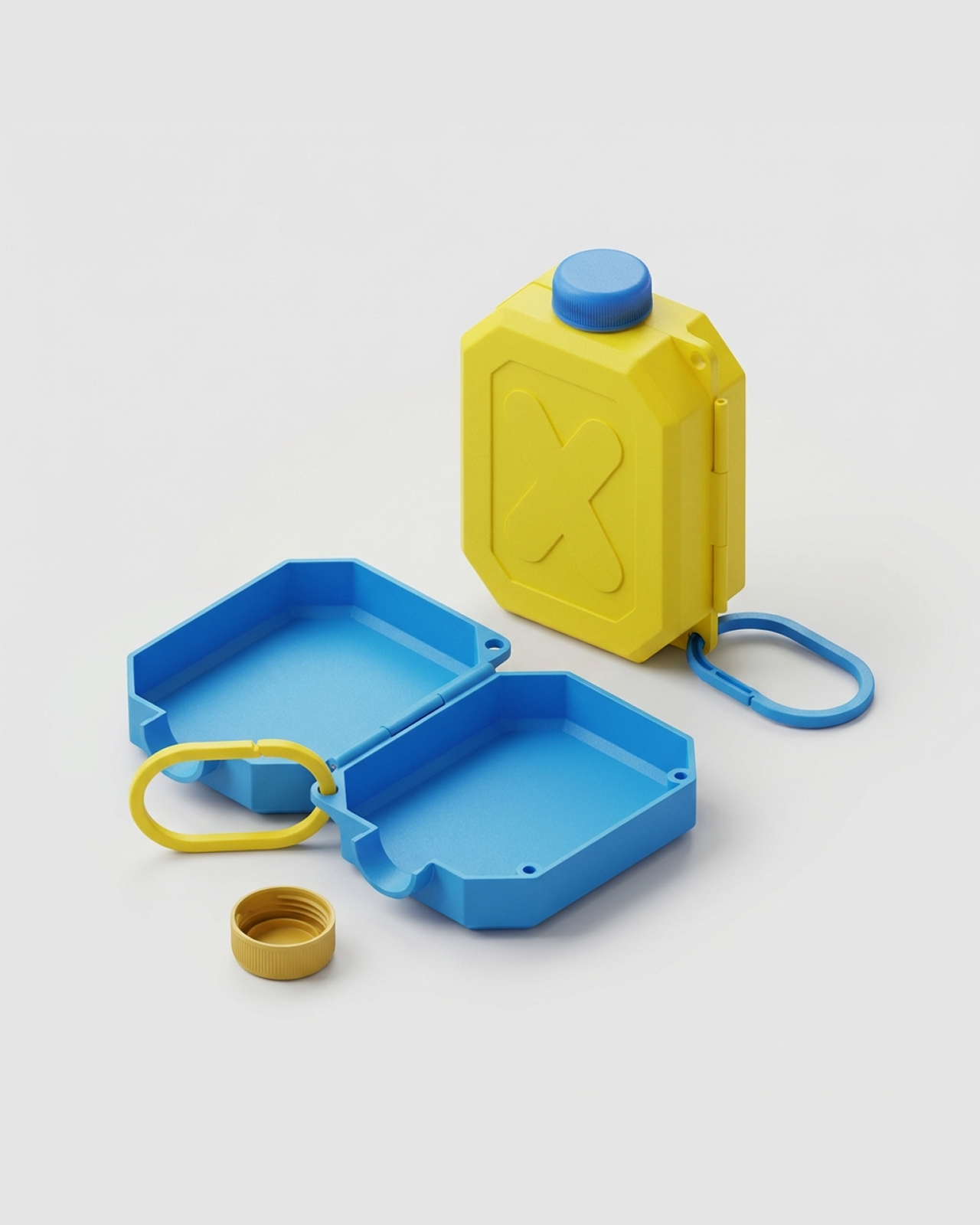 Toy fuel canister set with yellow container, blue toolbox, and gold cap on a light gray background