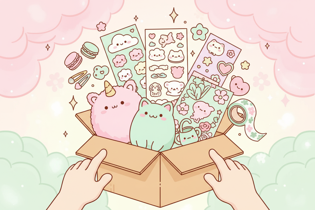 cartonised hands opening a box full of surprise cute stuff make colors pastel pink and pastel green