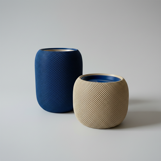 Two textured candle holders, one blue and one beige, on a wooden surface with a light gray background.