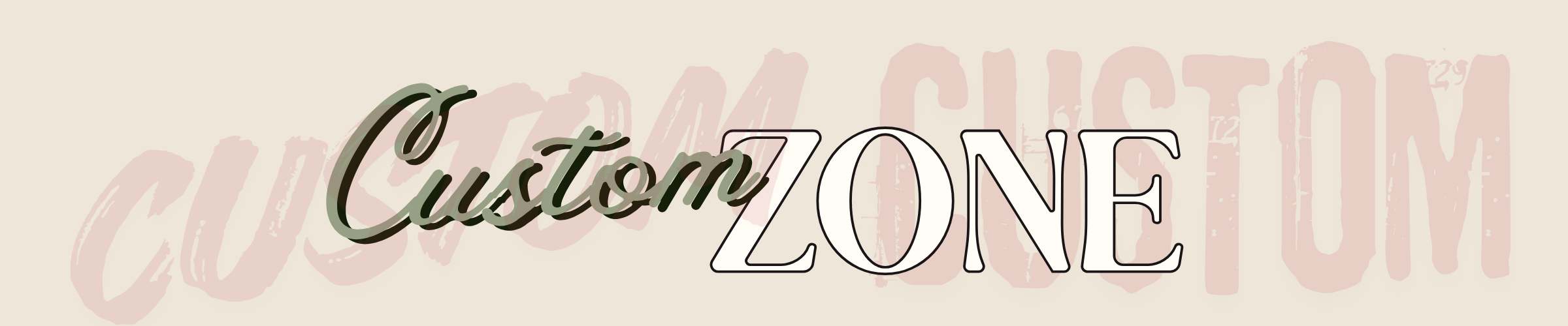 Text 'Custom Zone' on a beige background with 'Custom' in cursive and 'Zone' in bold.