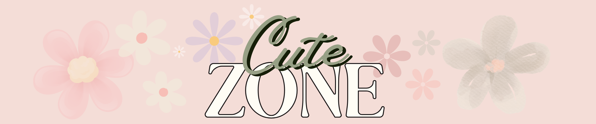Decorative banner with 'Cute Zone' text surrounded by flowers on a pink background