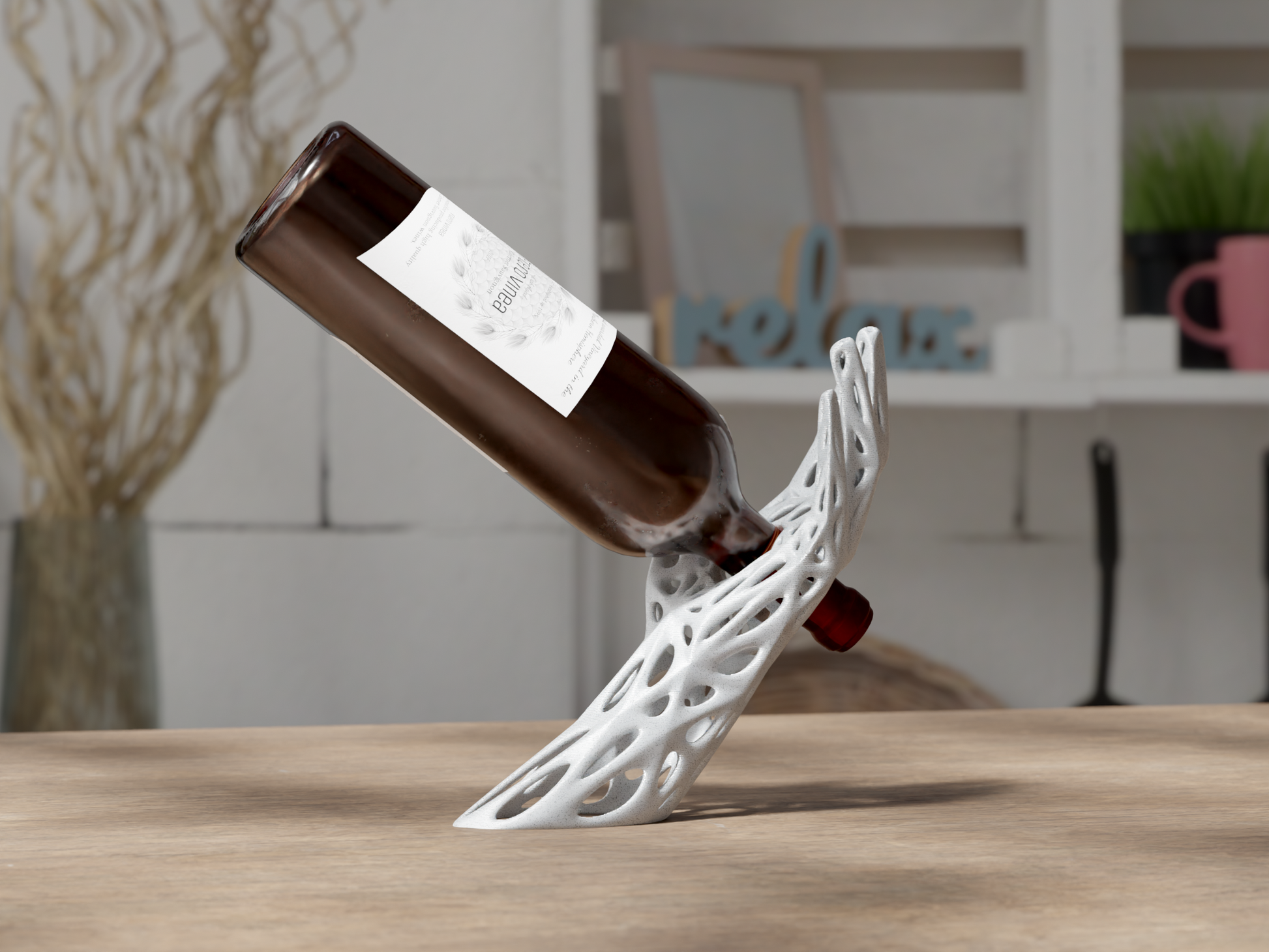 Bottle of chocolate liquor on a white bottle holder with a blurred indoor background
