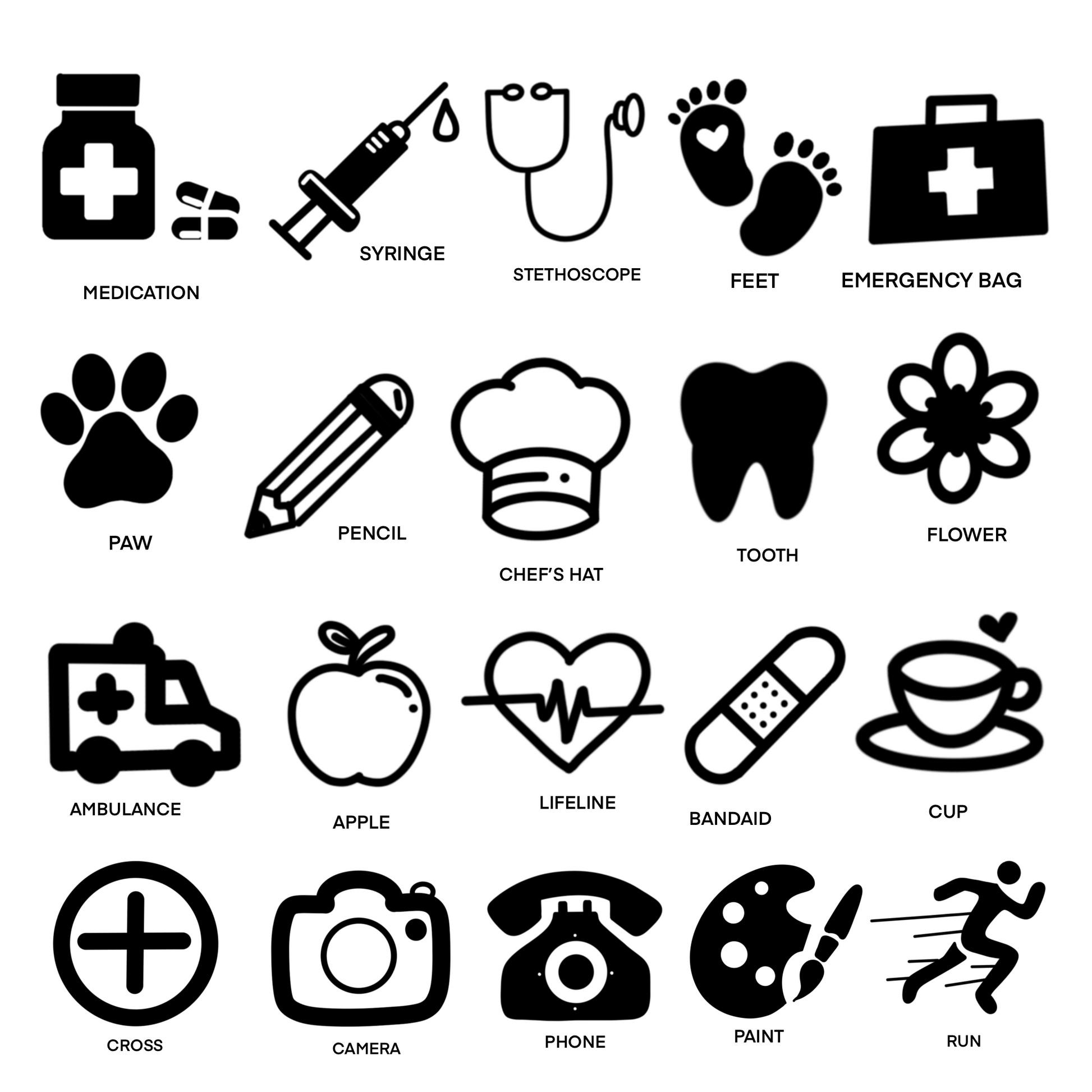 Collection of black and white icons on a white background