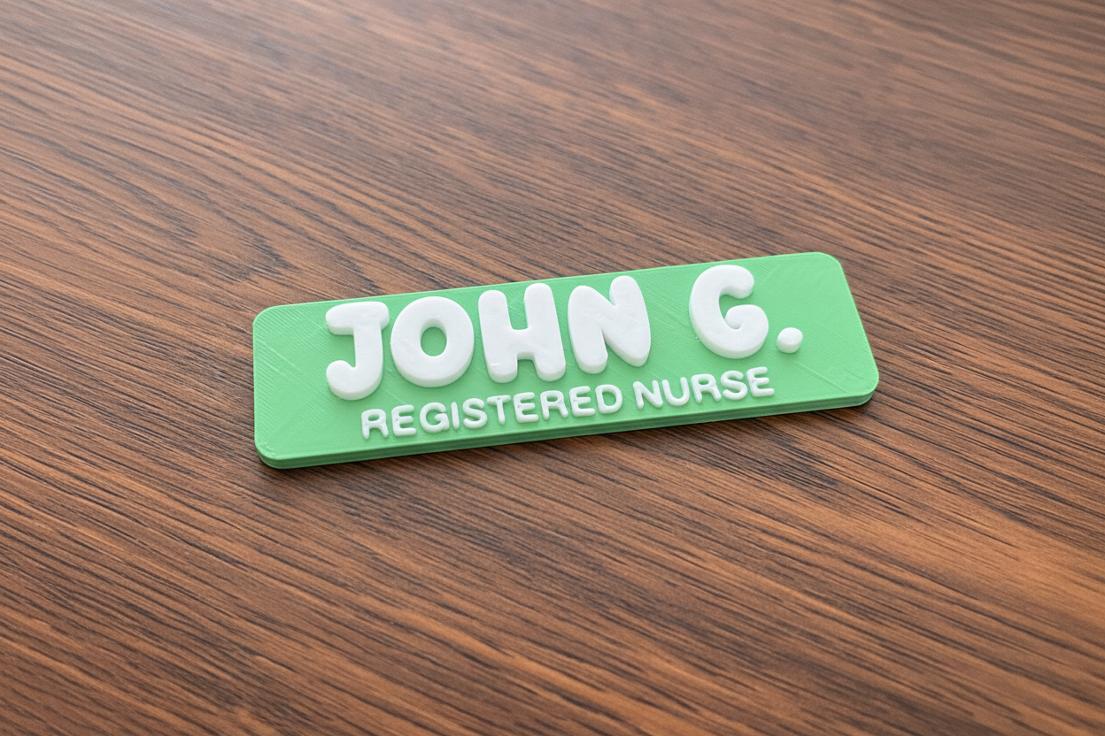 Green name tag with 'JOHN G. REGISTERED NURSE' on a wooden surface