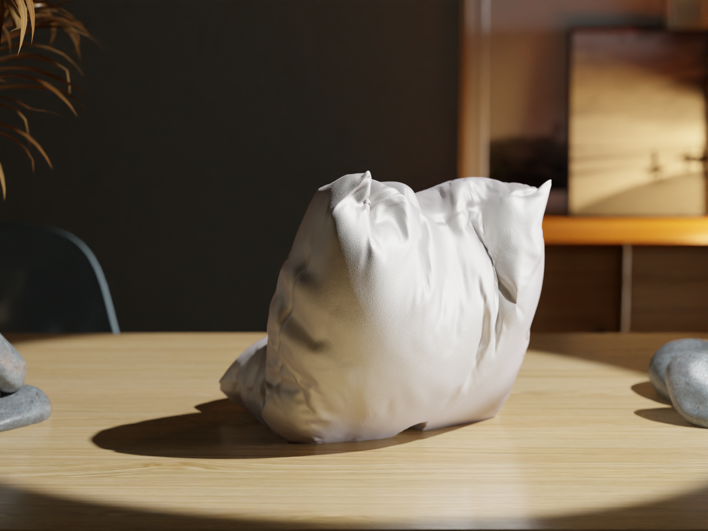 White ceramic tulip on a wooden surface with a blurred background