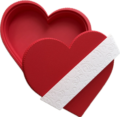 Red heart-shaped box with a white decorative band on a white background