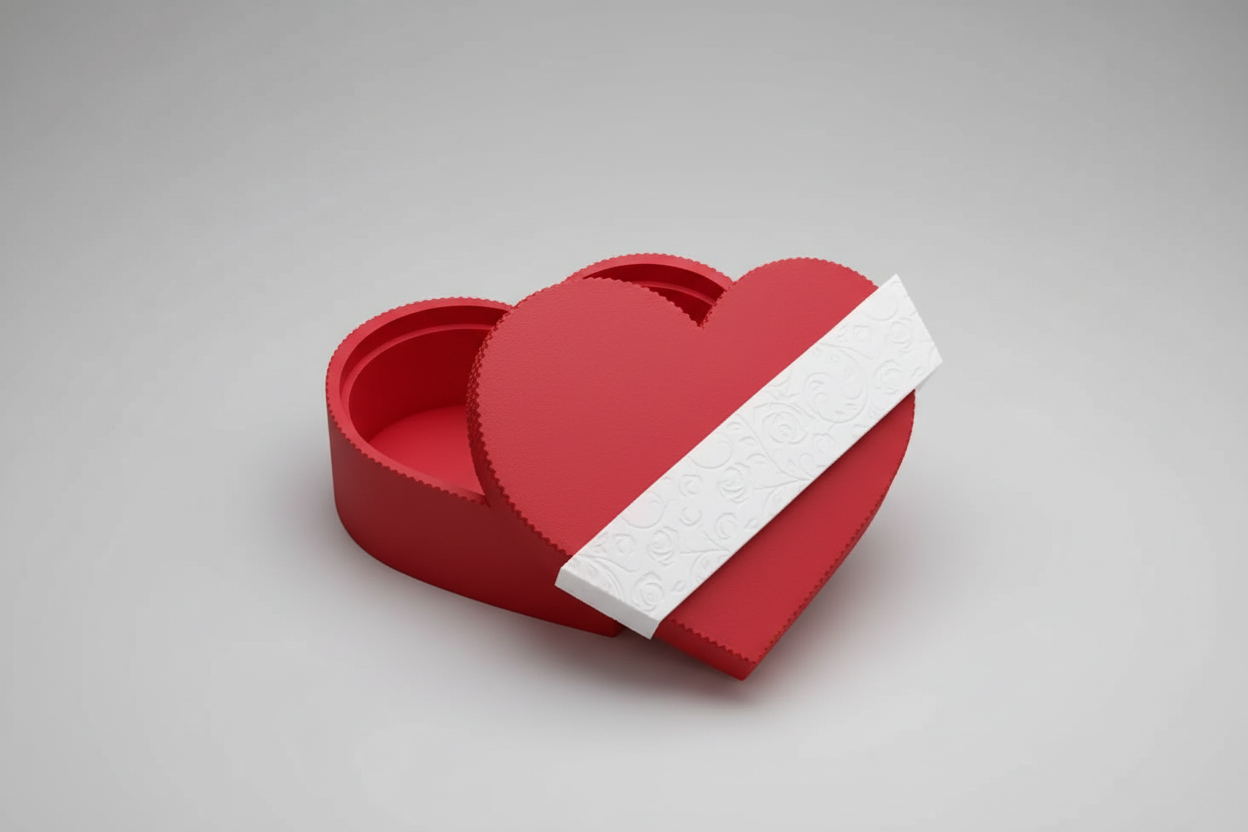 Red heart-shaped box with a white strip on a gray background