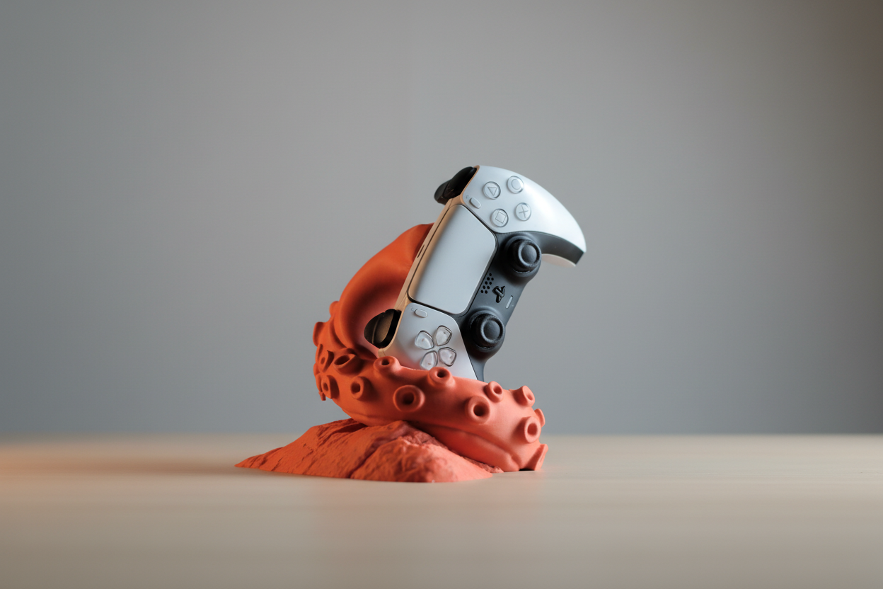 Toy toucan with a VR headset on a gray background