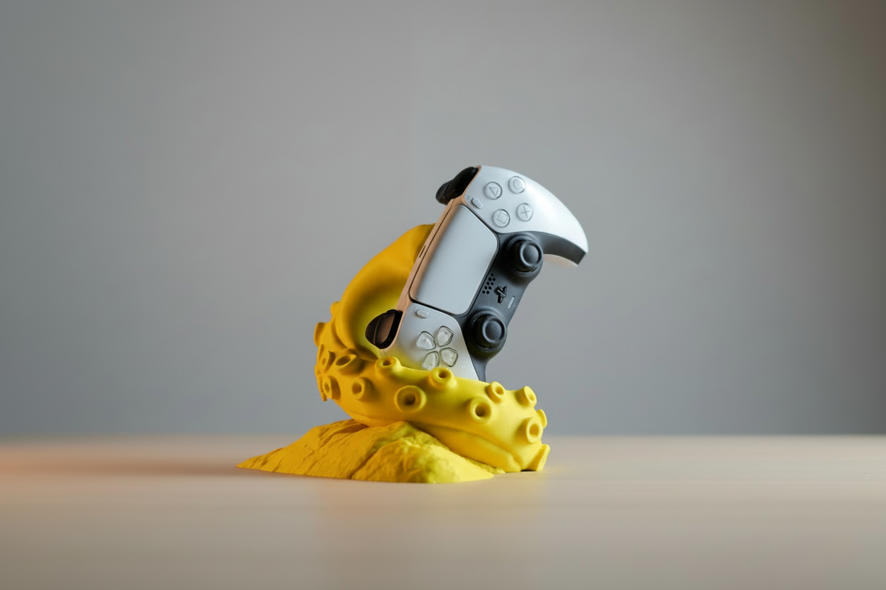 Toy toucan with a camera on a gray background 