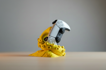 Toy toucan with a camera on a gray background 