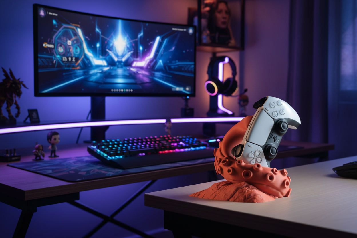 Gaming setup with a monitor, keyboard, and controller on a desk in a dimly lit room.