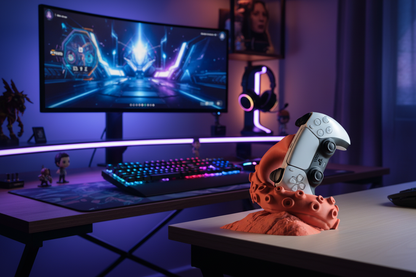 Gaming setup with a monitor, keyboard, and controller on a desk in a dimly lit room.