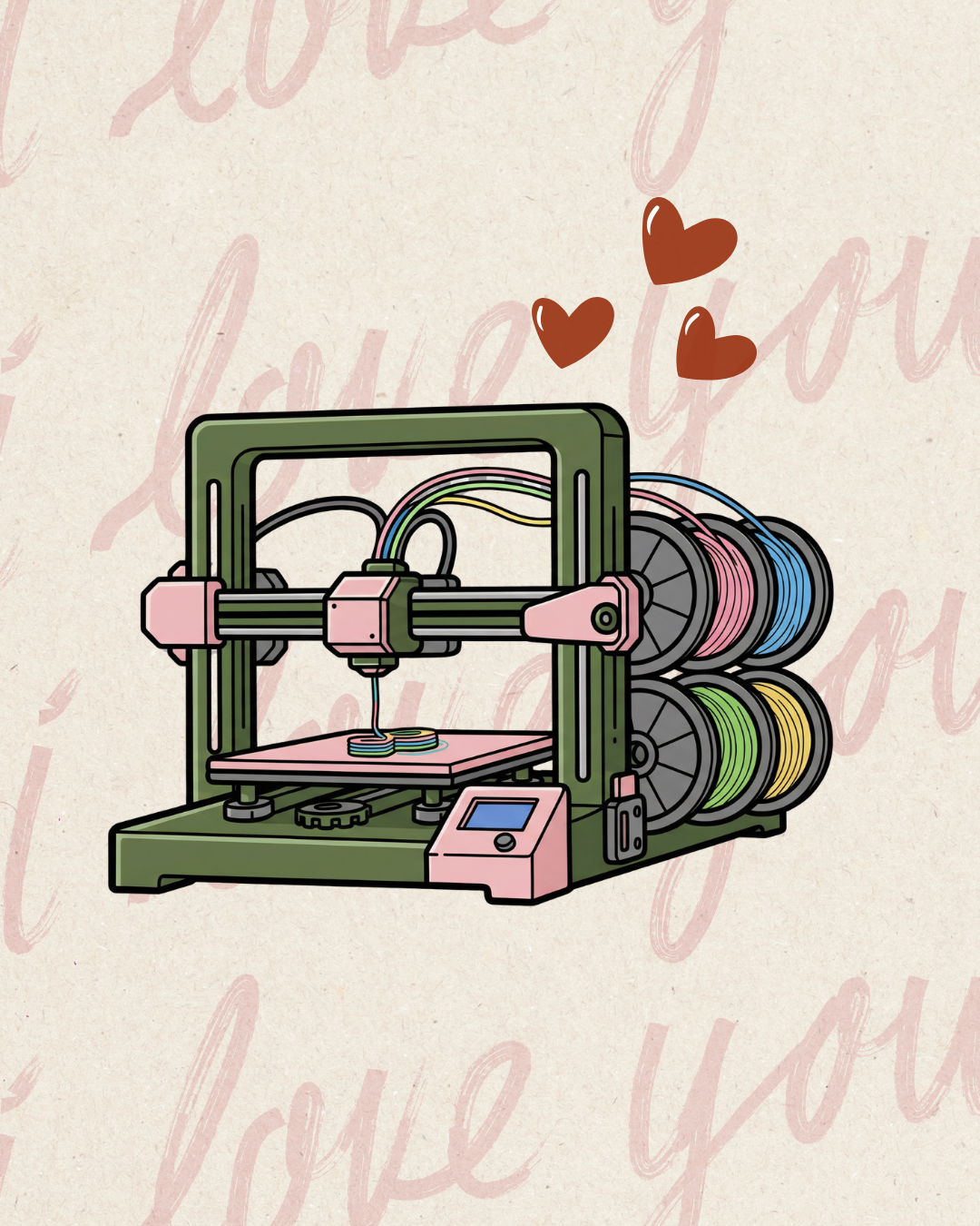 Illustration of a 3D printer with colorful spools on a background with 'I love you' text.