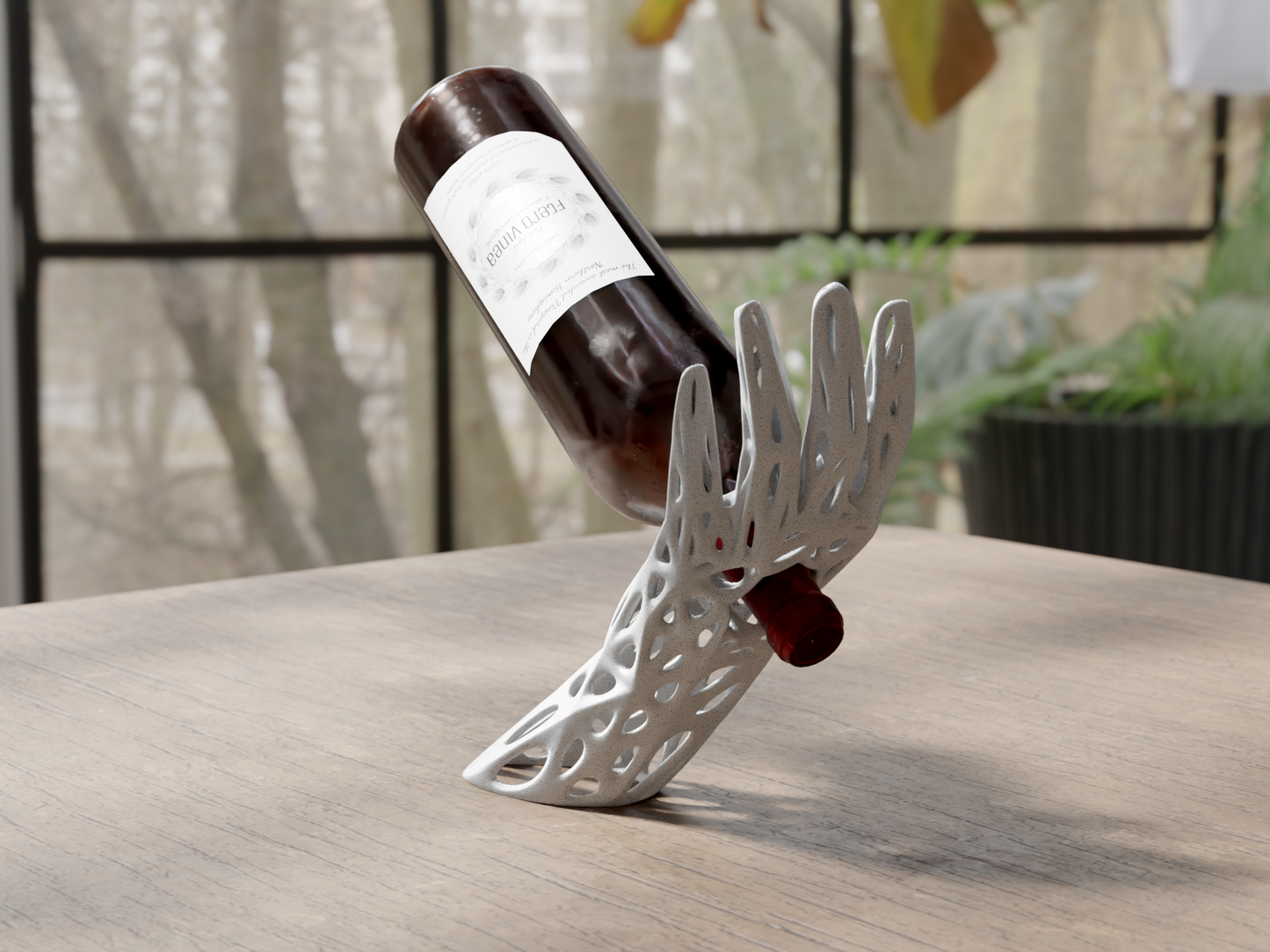 White decorative bottle holder with a wine bottle on a wooden surface